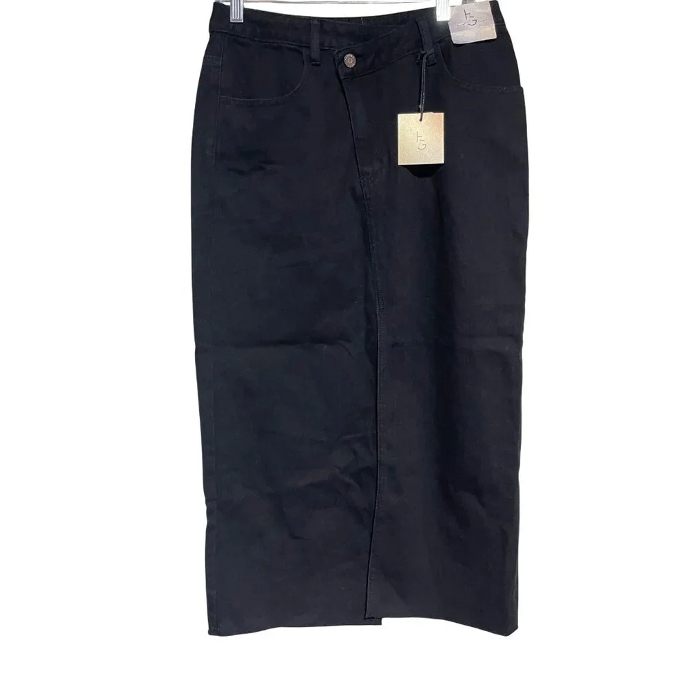 Happily Grey Black Midi Denim Skirt Size 11/29 Front Slit Assymetrical Waist